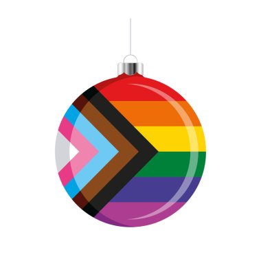 Gelişim bayrağı Noel balosu ikonu vektörü beyaz arka planda izole edildi. LGBTQ + dekoratif Noel ağacı süsü. Gökkuşağı gurur sembolüyle süslenmiş bir Noel. LGBTQ tatil sezonu simgesi