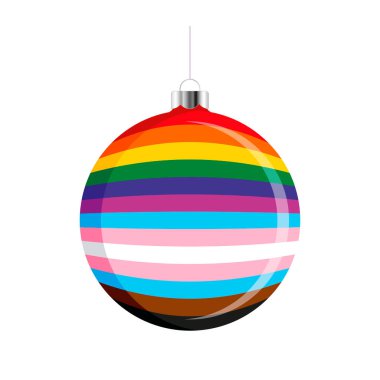 Beyaz zemin üzerinde izole edilmiş LGBTQIA gökkuşağı Noel topu ikonu vektörü. LGBTQ + dekoratif renkli Noel ağacı süsü. Gururlu bayrak sembolüyle süslenmiş çok renkli bir Noel. LGBTQ tatil sezonu simgesi