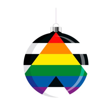 Beyaz arka planda izole edilmiş Ally Flag Noel balosu ikonu vektörü. LGBTQ + dekoratif Noel ağacı süsü. Heteroseksüel bir müttefik bayrağıyla süslenmiş bir Noel hediyesi. LGBTQ tatil sezonu simgesi