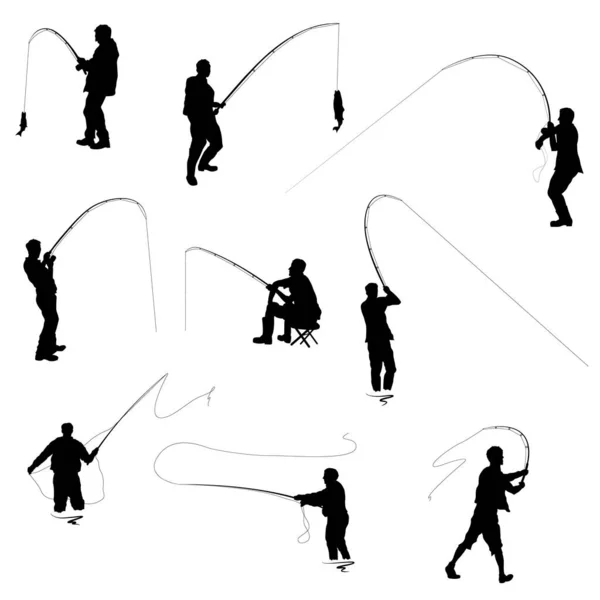 一组在白色背景上被隔离的渔民轮廓 — 图库矢量图片