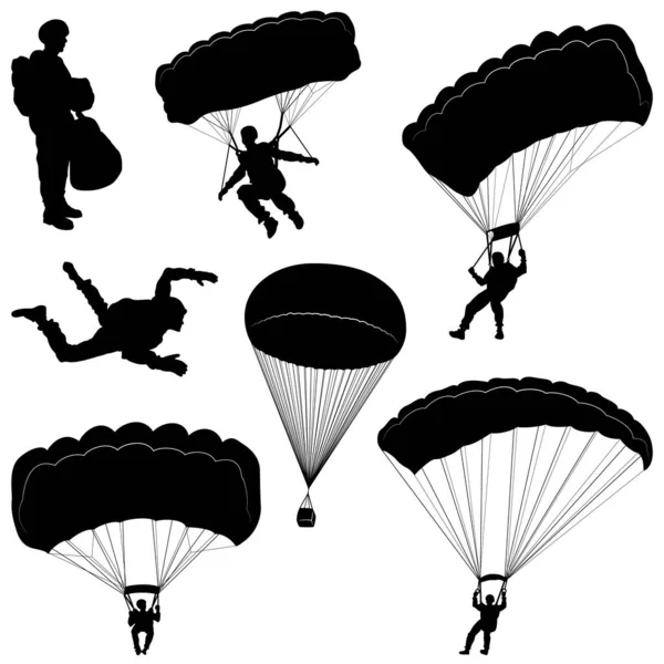 Set of Skydivers, Parachuting Silhouettes Isolated on the white background