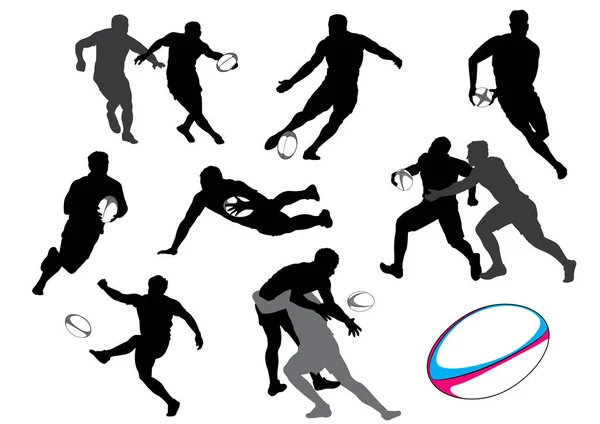 Set Rugby Player Silhouetten Witte Achtergrond — Stockvector