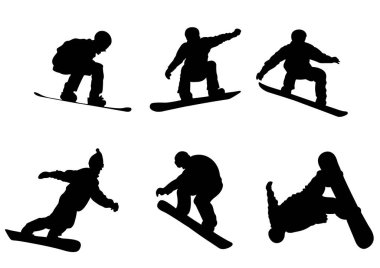 Beyaz arkaplanda izole edilmiş snowboardcu siluetleri