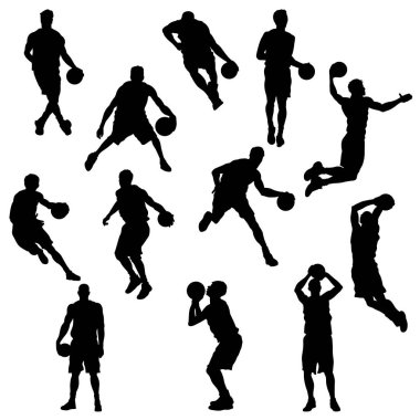 Beyaz arkaplanda izole edilmiş basketbol oyuncusu siluetleri