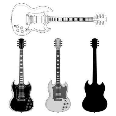 Beyaz Arkaplan 'da izole edilmiş Elektro Gitar Siluetleri. Vektör Resmi