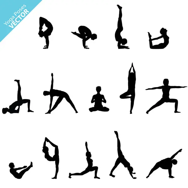 Set Dari Siluet Yoga Terisolasi Latar Belakang Putih - Stok Vektor