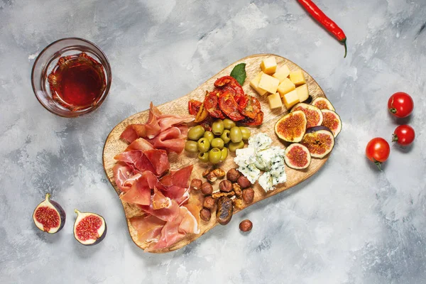Antipasto Platter Ham Prosciutto Blue Cheese Dried Tomatoes Figs Olives Stock Photo