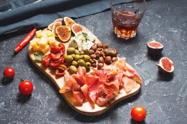 Jambonlu, jambonlu, peynirli, kurutulmuş domatesli, incirli ve zeytinli antipasto tabağı.