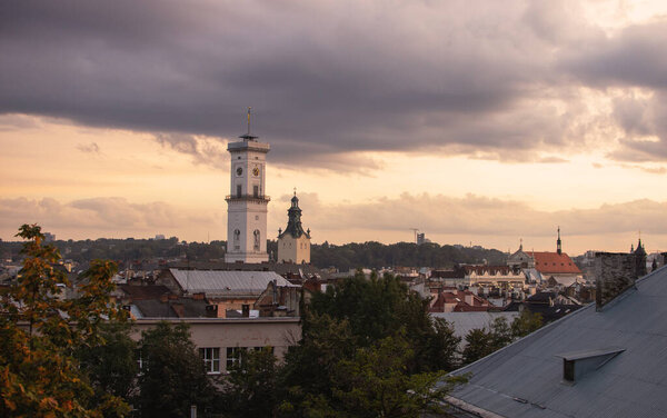 Panoramic aerial view of colourful houses in historical old district of Lviv, Ukraine. Autumn evening.