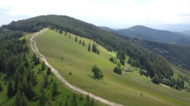 Karpat Dağları 'nın hava aracı görüntüleri. Ormanlı dağ sırtları, dağ çayırları ve evler. Ukrayna, Avrupa