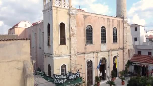 Воздушный Вид Ханью Церковь Агиос Фабаос Крит Греция — стоковое видео