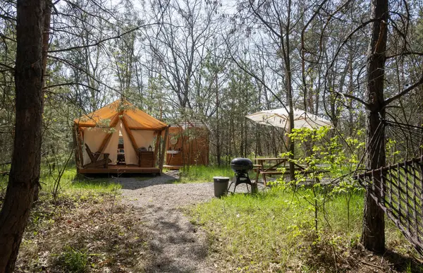 Ormanda piknik alanı ve barbekü ızgarası olan rahat bir çadır.