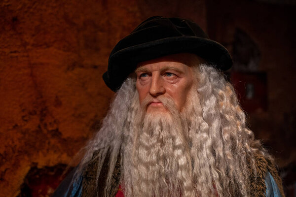 Istanbul, Turkey - February 10, 2023: Wax sculpture of Leonardo Da Vinci at Madame Tussauds Istanbul.