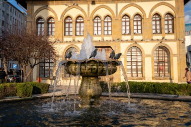 Corum Belediye Binası önünde yapay süs havuzu ve güvercinler. Corum, Türkiye - 21 Mart 2023.