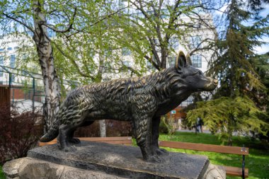 Belgrad Hayvanat Bahçesi 'nde kurt heykeli. Belgrad, Sırbistan - 2 Nisan 2023.