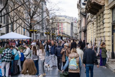 Knez Mihailova Caddesi 'ndeki turistler. Belgrad, Sırbistan - 2 Nisan 2023.