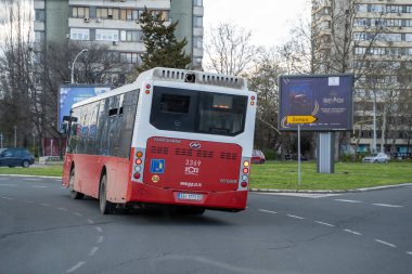 Sırbistan 'da sokakta kırmızı otobüs ve Zemun tabelası var. Belgrad, Sırbistan - 2 Nisan 2023.