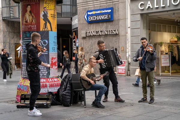 stock image Street musicians on Knez Mihailova Street. Belgrade, Serbia - April 2, 2023.