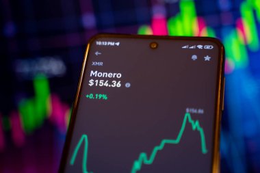 Monero (XMR) şifreleme para birimi platformunda çevrimiçi finansal ticaret şeması. Ankara, Türkiye - 28 Nisan 2023.