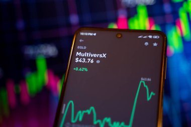 Kripto para platformunda MultiversX (EGLD) çevrimiçi finansal ticaret şeması. Ankara, Türkiye - 28 Nisan 2023.