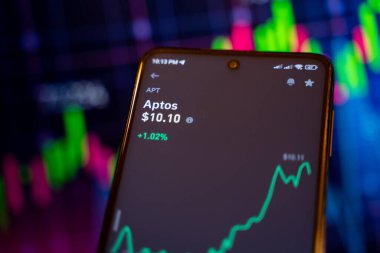 Aptos (APT) şifreleme para birimi platformunda çevrimiçi finansal ticaret şeması. Ankara, Türkiye - 28 Nisan 2023.