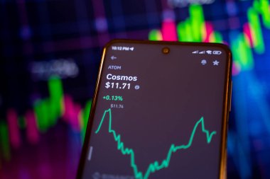 Kozmos (ATOM) şifreleme para birimi platformunda çevrimiçi finansal ticaret şeması. Ankara, Türkiye - 28 Nisan 2023.