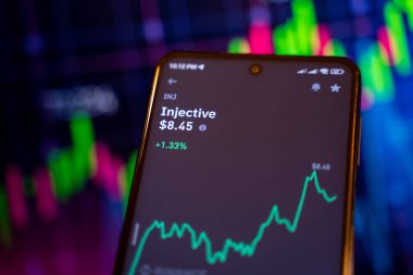 Şifreleme para birimi platformunda Enjektif (INJ) çevrimiçi finansal ticaret şeması. Ankara, Türkiye - 28 Nisan 2023.