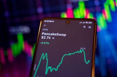 Şifreli para platformunda PancakeSwap (CAKE) çevrimiçi finansal ticaret şeması. Ankara, Türkiye - 28 Nisan 2023.