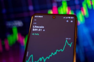 Litecoin (LTC) şifreleme para birimi platformunda çevrimiçi finansal ticaret şeması. Ankara, Türkiye - 28 Nisan 2023.