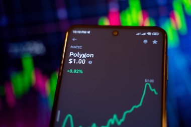 Kripto para birimi platformunda çokgen (MATIC) çevrimiçi finansal ticaret şeması. Ankara, Türkiye - 28 Nisan 2023.
