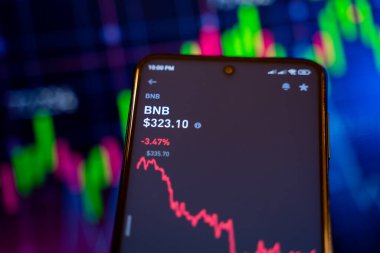 Şifreli para platformunda Binance Coin (BNB) çevrimiçi mali ticaret şeması. Ankara, Türkiye - 28 Nisan 2023.