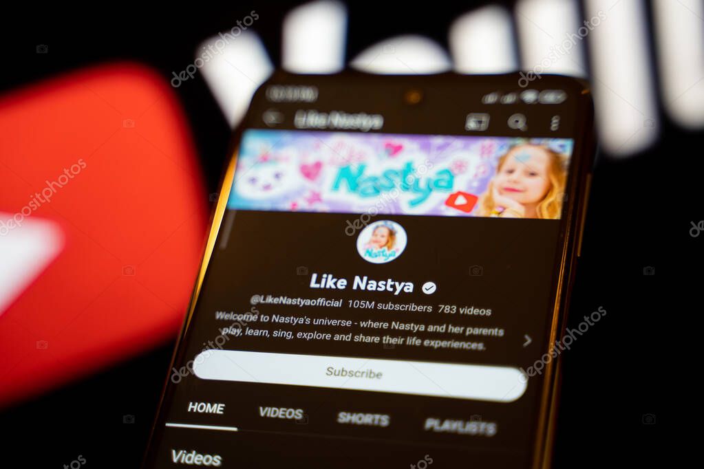 Like Nastya Show official Youtube channel on smartphone screen. Ankara, Turkey - April 28, 2023.
