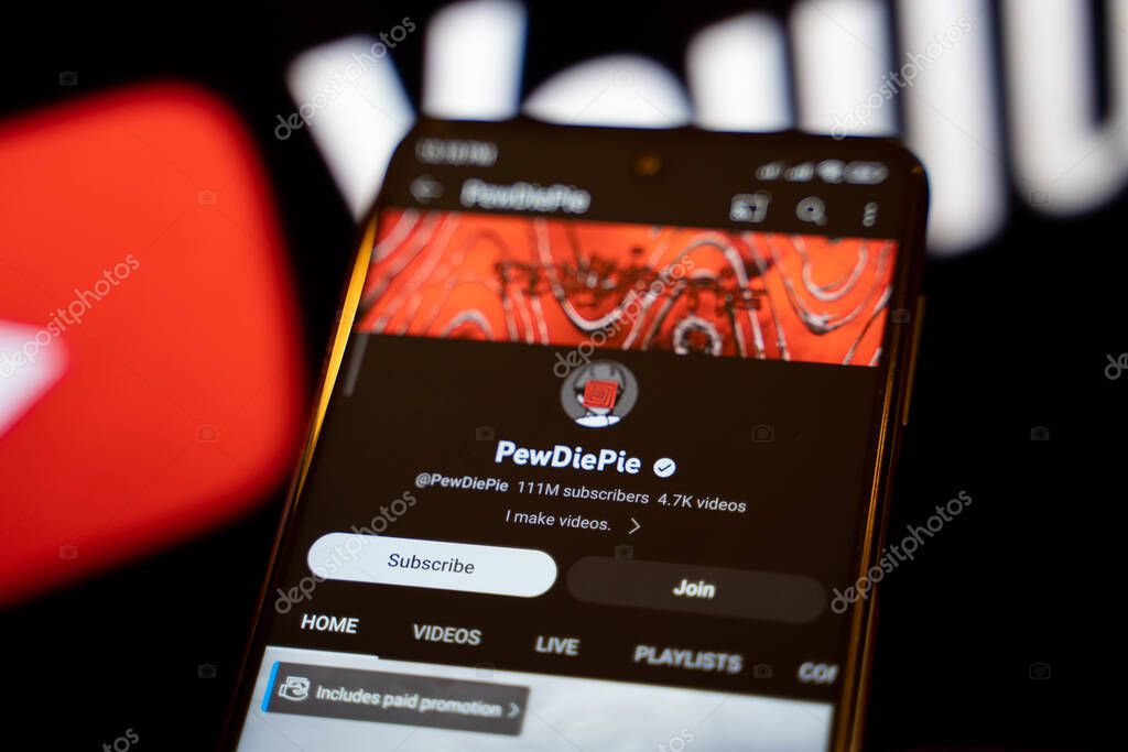 PewDiePie official Youtube channel on smartphone screen. Ankara, Turkey - April 28, 2023.