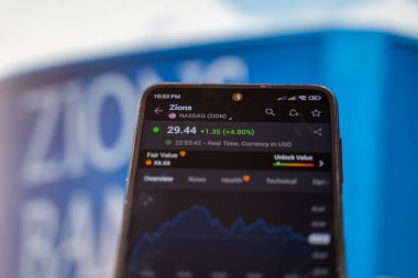 Akıllı telefon ekranında Zion şirketinin borsa grafiği. Zion Bancorporation bir banka holdingi. Ankara, Türkiye - 23 Mayıs 2023.