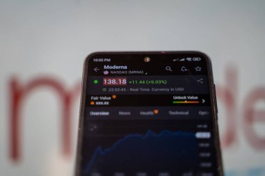 Akıllı telefon ekranında Moderna şirketinin borsa grafiği. Moderna, Inc. bir ilaç ve biyoteknoloji şirketidir. Ankara, Türkiye - 23 Mayıs 2023.