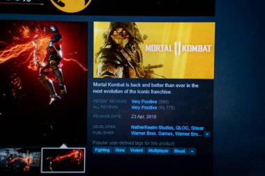 Steam oyun mağazasının laptop ekranında Mortal Kombat 11 PC oyun posteri. Mortal Kombat 11 bir 2019 dövüş oyunudur. Ankara, Türkiye - 23 Mayıs 2023.