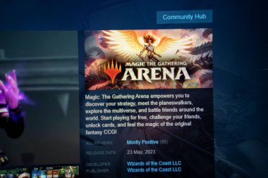 Magic The Gathering Arena PC oyun posteri Steam oyun mağazası uygulama laptop ekranında. MTG Arena, dijital ortamda oynanabilen bir kart oyunudur. Ankara, Türkiye - 23 Mayıs 2023.