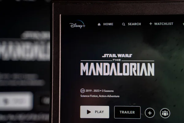 stock image Star Wars The Mandalorian tv series poster on Disney Plus site. The Mandalorian is an American space Western television series. Ankara, Turkey - May 23, 2023.