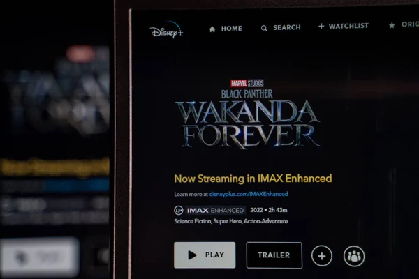 Disney Plus sitesinde Kara Panter Wakanda Forever film posteri. Kara Panter: Wakanda Forever, Marvel Comics 'ten uyarlanan 2022 yapımı Amerikan süper kahraman filmi. Ankara, Türkiye - 23 Mayıs 2023.