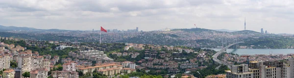 stock image Aerial panoramic view of Bosphorus Bridge in Ortakoy district. Istanbul, Turkey - May 27, 2023.