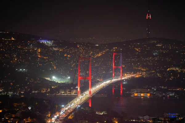 Nachtaufnahme Des Bosporus Und Der Bosporus Brücke Istanbul Türkei Mai — Stockfoto
