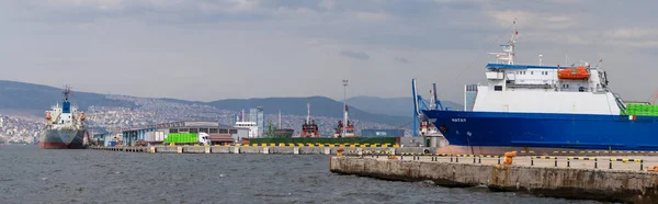 stock image Panoramic view of the harbor in Izmir Gulf. Izmir, Turkey - July 1, 2023.