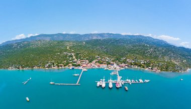 Kekova Ucagiz Köyü 'nün hava panoramik manzarası, Antalya.