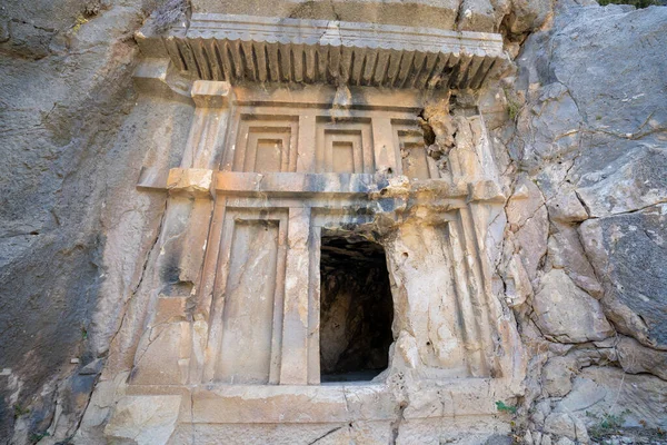 stock image Rock-cut tombs in Myra Ancient City. Myra was a Lycian, then ancient Greek, then Greco-Roman, then Byzantine Greek, then Ottoman town in Lycia.