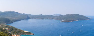Kas bölgesindeki Limanagzi Körfezi 'nin havadan görüntüsü. Antalya, Türkiye - 10 Temmuz 2023.
