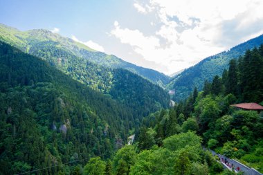 Sumela Manastırı 'ndaki vadide dağ ve orman manzarası. Trabzon, Türkiye - 20 Temmuz 2023.