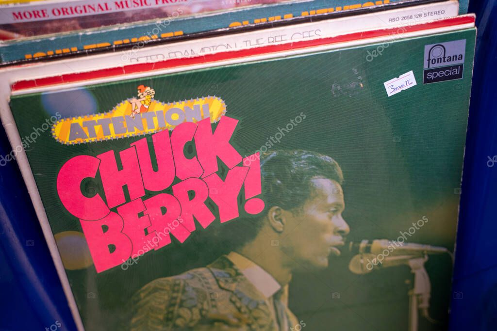 Chuck Berry - Attention! vinyl album at the flea market. Ankara, Turkey - August 6, 2023.