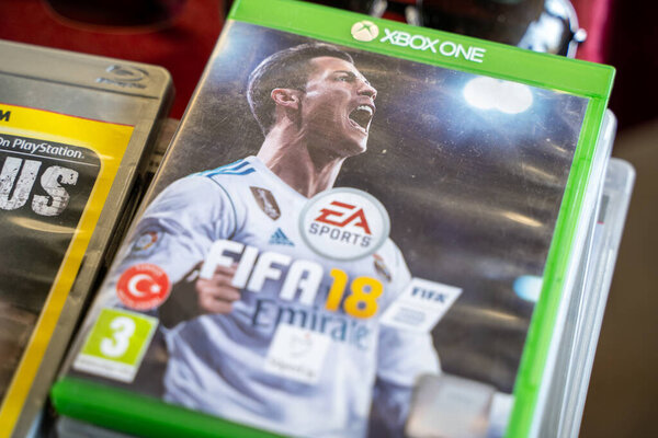 FIFA 18 Xbox One game CD at the flea market. Ankara, Turkey - August 6, 2023.