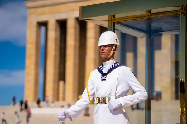 stock image Soldier on guard at Anitkabir Mausoleum of Ataturk. Ankara, Turkey - September 18, 2023.