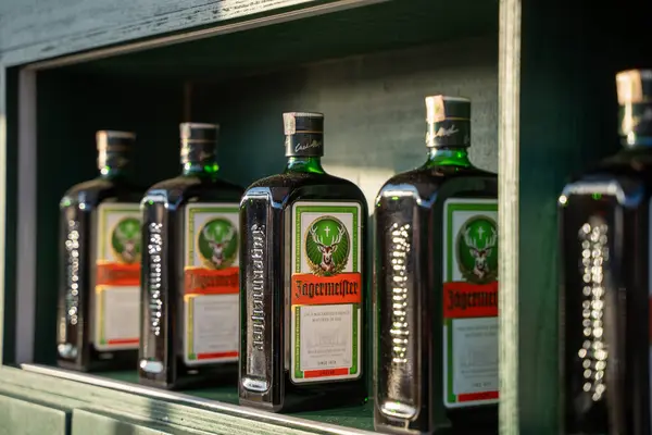 stock image Bottles of Jagermeister, German digestif made with 56 herbs and spices. Ankara, Turkey - September 24, 2023.